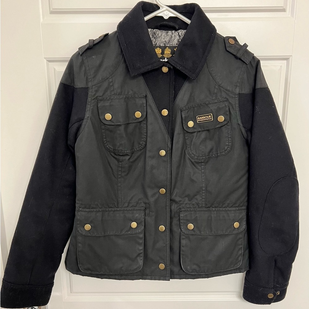 Women’s Barbour international Moto jacket wax, wool, quilted size 6 black